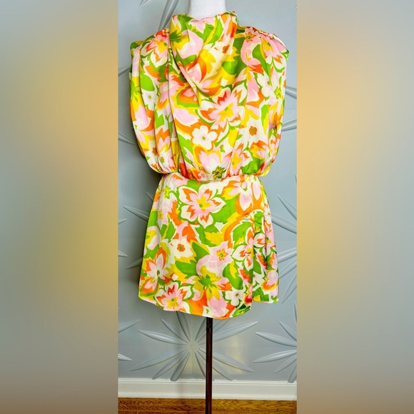 Karlie Pants - Karlie SZ M orange, green, pink & white romper with drape neck, waist 28”-30”.